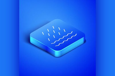 Isometric Rain and waves icon isolated on blue background. Rain cloud