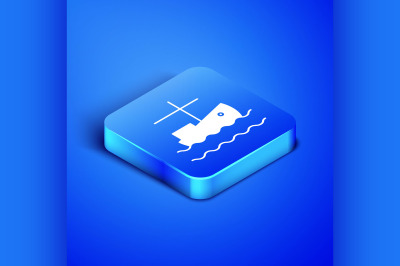 Isometric Fishing boat on water icon isolated on blue background. Blue