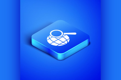 Isometric Magnifying glass with globe icon isolated on blue background