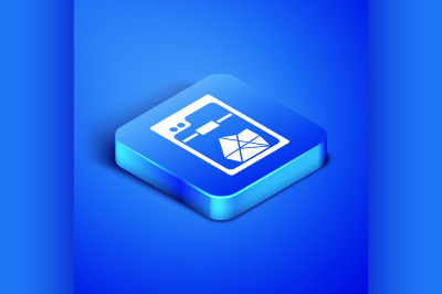 Isometric 3D printer icon isolated on blue background. Blue square but