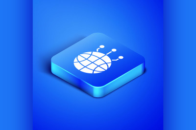 Isometric Global technology or social network icon isolated on blue ba