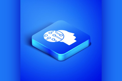 Isometric Human brain as digital circuit board icon isolated on blue b