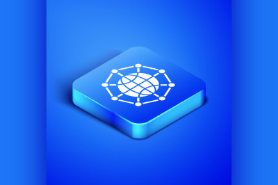 Isometric Global technology or social network icon isolated on blue ba