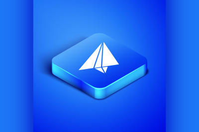 Isometric Paper airplane icon isolated on blue background. Blue square