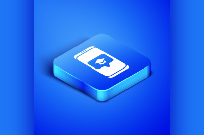 Isometric Graduation cap on screen smartphone icon isolated on blue ba