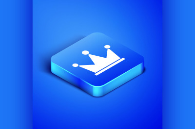 Isometric Crown icon isolated on blue background. Blue square button.