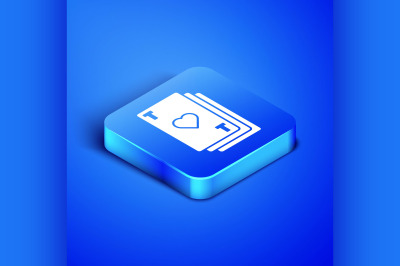 Isometric Playing card with heart symbol icon isolated on blue backgro