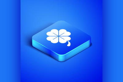 Isometric Four leaf clover icon isolated on blue background. Happy Sai