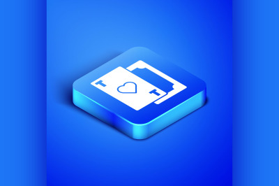Isometric Playing card with heart symbol icon isolated on blue backgro
