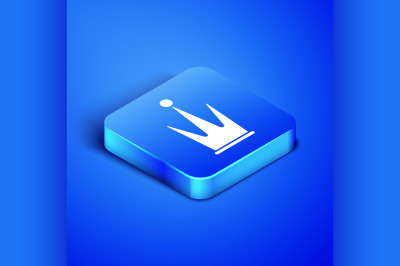 Isometric Crown icon isolated on blue background. Blue square button.