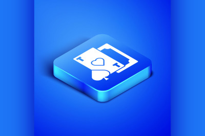Isometric Playing card with heart symbol icon isolated on blue backgro