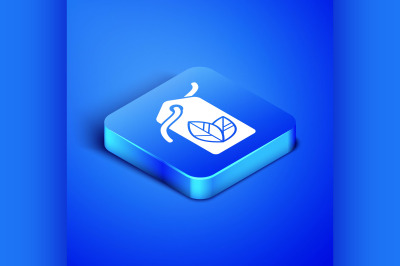 Isometric Tag with leaf symbol icon isolated on blue background. Banne