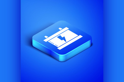 Isometric Car battery icon isolated on blue background. Accumulator ba