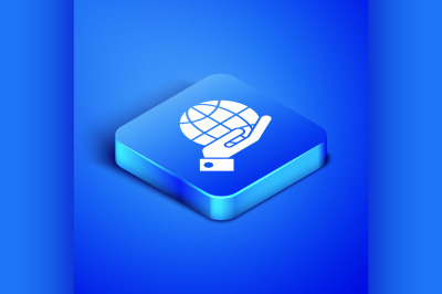 Isometric Human hands holding Earth globe icon isolated on blue backgr
