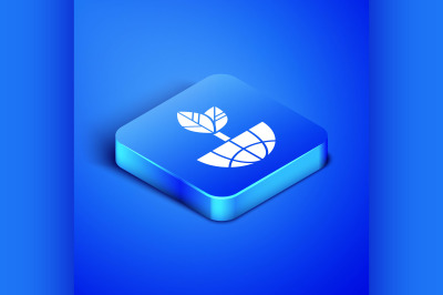 Isometric Earth globe and leaf icon isolated on blue background. World