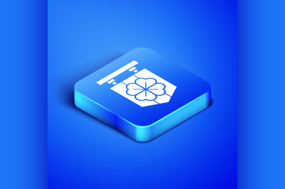 Isometric Street signboard with four leaf clover icon isolated on blue