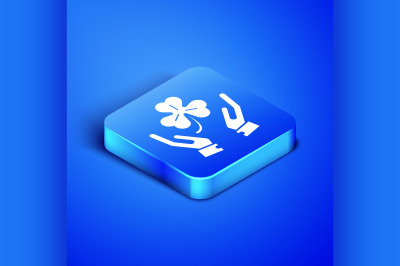 Isometric Human hands holding four leaf clover icon isolated on blue b