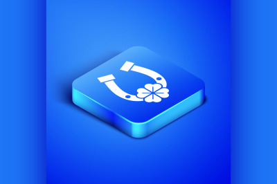 Isometric Horseshoe with four leaf clover icon isolated on blue backgr