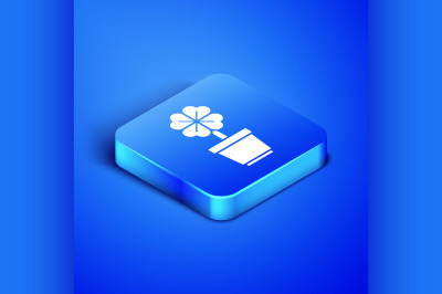 Isometric Four leaf clover in pot icon isolated on blue background. Ha