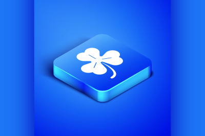 Isometric Four leaf clover icon isolated on blue background. Happy Sai