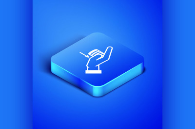 Isometric Money on hand icon isolated on blue background. Palm holds c