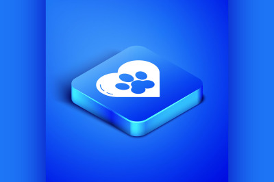 Isometric Heart with animals footprint icon isolated on blue backgroun