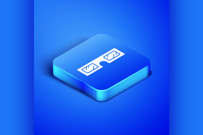 Isometric 3D cinema glasses icon isolated on blue background. Blue squ