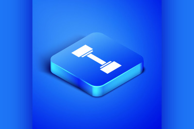 Isometric Dumbbell icon isolated on blue background. Muscle lifting ic