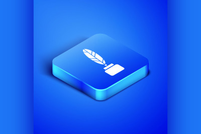 Isometric Feather and inkwell icon isolated on blue background. Blue s