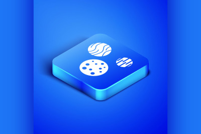 Isometric Planet icon isolated on blue background. Blue square button.