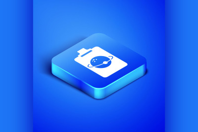 Isometric Planet icon isolated on blue background. Blue square button.