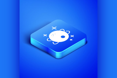 Isometric Planet icon isolated on blue background. Blue square button.