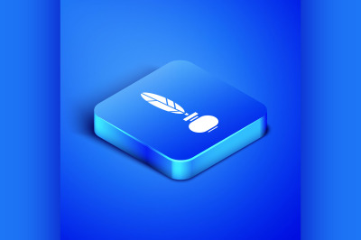 Isometric Feather and inkwell icon isolated on blue background. Blue s