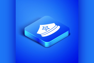 Isometric Police cap with cockade icon isolated on blue background. Po
