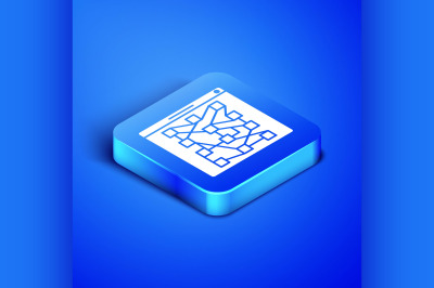 Isometric Global technology or social network icon isolated on blue ba