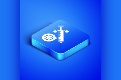 Isometric Medical syringe with needle icon isolated on blue background