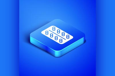 Isometric Pills in blister pack icon isolated on blue background. Medi