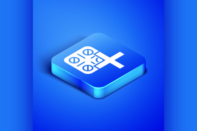 Isometric Pills in blister pack icon isolated on blue background. Medi