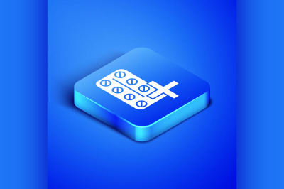 Isometric Pills in blister pack icon isolated on blue background. Medi