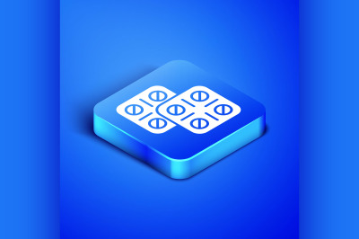 Isometric Pills in blister pack icon isolated on blue background. Medi