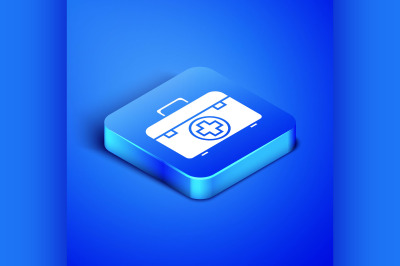 Isometric First aid kit icon isolated on blue background. Medical box