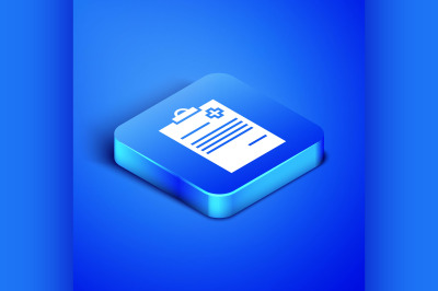 Isometric Medical clipboard with clinical record icon isolated on blue