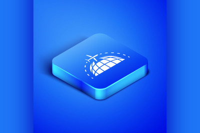 Isometric Globe with flying plane icon isolated on blue background. Ai