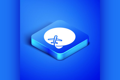 Isometric Globe with flying plane icon isolated on blue background. Ai