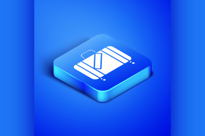 Isometric Suitcase for travel and stickers icon isolated on blue backg