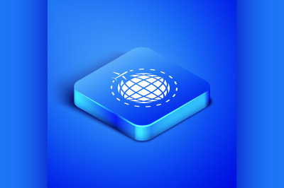 Isometric Globe with flying plane icon isolated on blue background. Ai