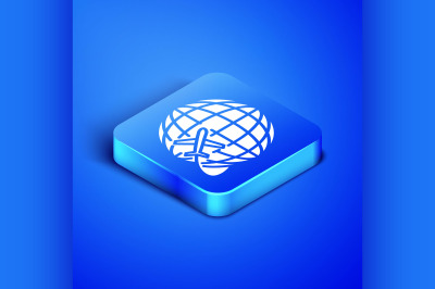 Isometric Globe with flying plane icon isolated on blue background. Ai