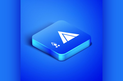 Isometric Tourist tent with wood fire icon isolated on blue background