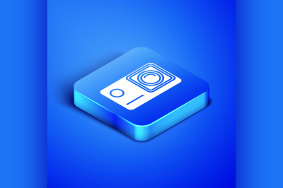 Isometric Action extreme camera icon isolated on blue background. Vide