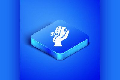 Isometric Human hand holding with credit card icon isolated on blue ba